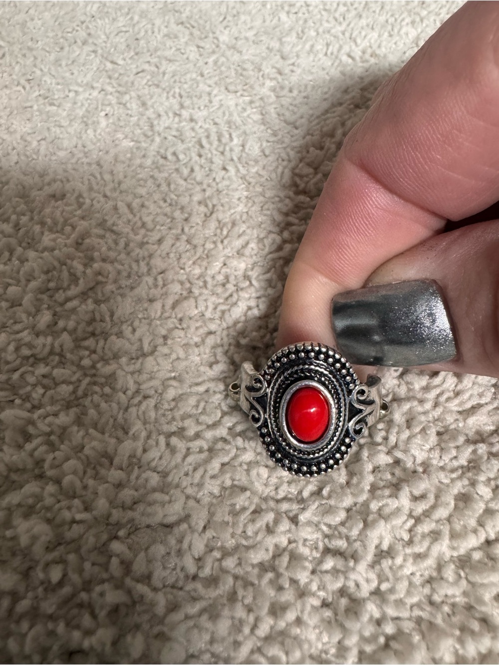 Paparazzi Silver-Tone Ring with Red Oval Cabochon
